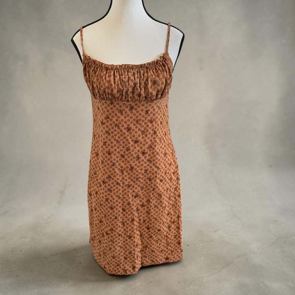 Jonathan Martin Vintage 90s Brown Floral Ruched Bodice Slip Mini Dress